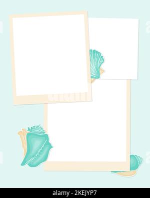 Blank template with white sheets of stickers for notes, reminders, schedule, plan. Vintage scrapbooking with seashells. Vector illustration Stock Vector
