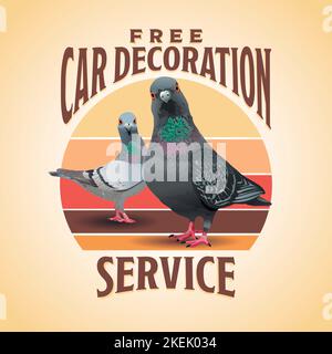 Pigeons free car decoration service, funny doves, crazy pigeons Stock Vector