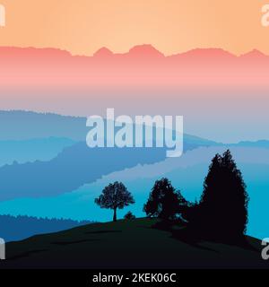 Summer Sunset on mountains. Purple and blue background colors.  peaceful landscape Stock Vector