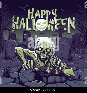 Zombie coming out of the grave. Illustration for Halloween. Happy Halloween. Stock Vector