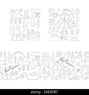 Line icons about nature, camp for design, cards, mags, merch. Seamless border with linear illustrations. Stock Vector