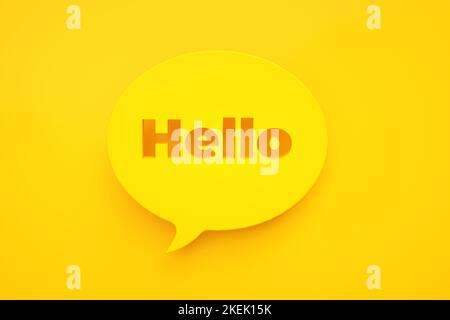 speech bubble with inscription hello over yellow background, 3d render Stock Photo