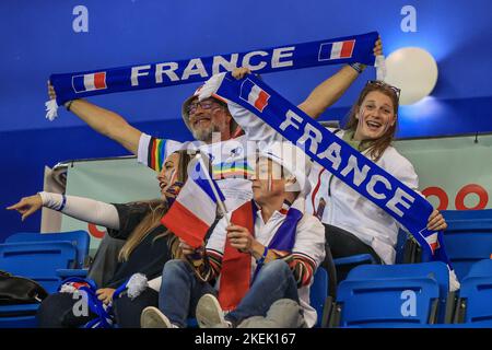 Sheffield, UK. 13th Nov, 2022. France supporters getting into a party atmosphere during the Wheelchair Rugby League World Cup 2021 Semi Final match France vs Australia at English Institute of Sport Sheffield, Sheffield, United Kingdom, 13th November 2022 (Photo by Mark Cosgrove/News Images) Credit: News Images LTD/Alamy Live News Stock Photo