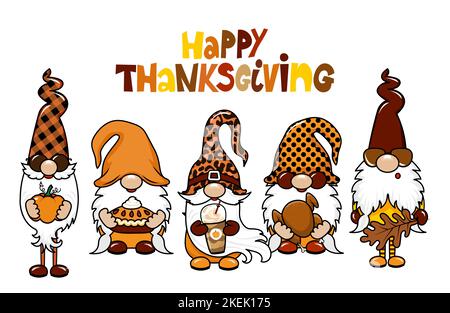 Happy Thanksgiving gnomes with autumn pumpkin. Nordic magic dwarf. Cute holidays Elf with hat. Vector illustration for Harvest, Happy Thanksgiving. I Stock Vector