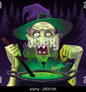 Witch cooking for halloween. witchcraft. green face. Stock Vector