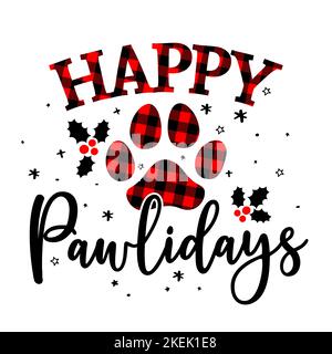 Happy pawlidays (Holidays)- Paw print shaped dog or cat paw prints for gift tag. Hand drawn footprints for Xmas greetings cards, invitations. Good for Stock Vector