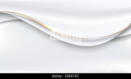 Abstract 3D luxury template white satin fabric with gold wave ribbon lines and lighting effect on clean background. Vector illustration Stock Vector