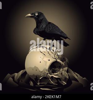 Hand drawn halloween crow and pumpkin illustration. Raven and pumpkin. Crow with skull vector. Halloween.   Raven on a broken skull. Stock Vector