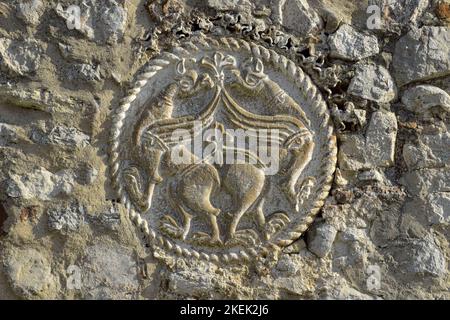 Serbian Eagle medieval coat of arms of Serbia in Ravanica Monastery Stock Photo