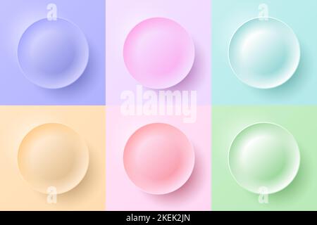 Set of 3D badges pastel colors circles shapes embossed elements minimal style background. Vector illustration Stock Vector