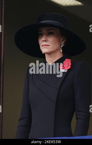The Princess of Wales stands on a balcony at the Foreign, Commonwealth and Development Office (FCDO) on Whitehall, during the Remembrance Sunday service at the Cenotaph in London. Picture date: Sunday November 13, 2022. Stock Photo