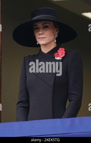 The Princess of Wales stands on a balcony at the Foreign, Commonwealth and Development Office (FCDO) on Whitehall, during the Remembrance Sunday service at the Cenotaph in London. Picture date: Sunday November 13, 2022. Stock Photo