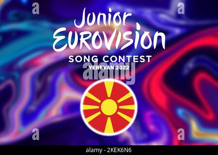 Junior Eurovision 2022, Armenian Junior Eurovision in Yerevan, Participant from North Macedonia background Eurovision with North Macedonia flag. Stock Photo