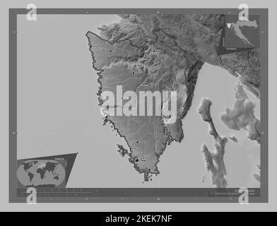 Istarska, county of Croatia. Grayscale elevation map with lakes and rivers. Locations and names of major cities of the region. Corner auxiliary locati Stock Photo