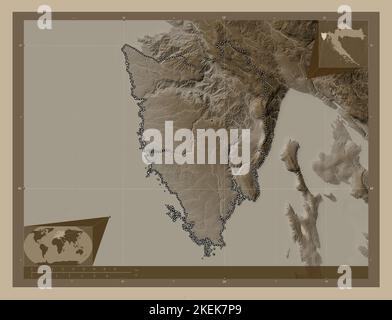 Istarska, county of Croatia. Elevation map colored in sepia tones with lakes and rivers. Corner auxiliary location maps Stock Photo