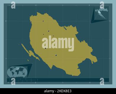 Licko-Senjska, county of Croatia. Solid color shape. Locations of major cities of the region. Corner auxiliary location maps Stock Photo
