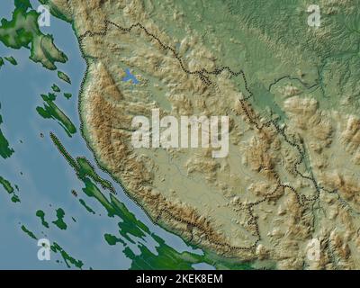 Licko-Senjska, county of Croatia. Colored elevation map with lakes and rivers Stock Photo