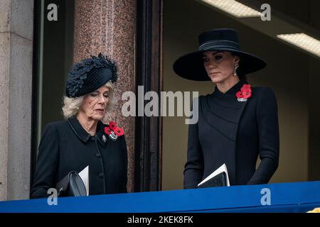 The Queen Consort and the Princess of Wales stand on a balcony at the Foreign, Commonwealth and Development Office (FCDO) on Whitehall, during the Remembrance Sunday service at the Cenotaph in London. Picture date: Sunday November 13, 2022. Stock Photo