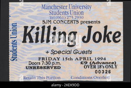 Concert ticket for Killing Joke at Manchester University Students Union building (erected in 1957, but only began hosting live music concerts in 1963).  ticket is typical of the Union, properly printed in two colours. To this, the concert details were over printed onto the blanks using a dot matrix printer. Unlike many computer printed tickets, they have lasted well Stock Photo