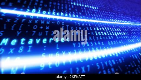 Binary code with artificial intelligence, block chain and metaverse text highlighting. Tech background. Stock Photo