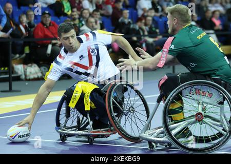 Sheffield, UK. 13th Nov, 2022. English Institute of Sport Sheffield, Sheffield, South Yorkshire, 13th November 2022. France Wheelchair Rugby League vs Australia Wheelchair Rugby League in the Rugby League World Cup 2021 Semi-Final of France Wheelchair Rugby League score the try Credit: Touchlinepics/Alamy Live News Stock Photo