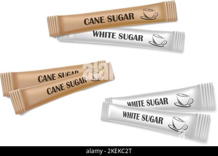 realistic vector icon illustration. White and cane sugar tubes paper bags. Isolated on white background. Stock Vector