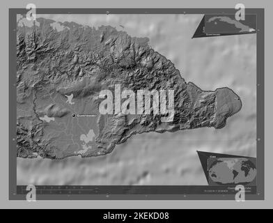 Guantanamo, province of Cuba. Bilevel elevation map with lakes and rivers. Locations and names of major cities of the region. Corner auxiliary locatio Stock Photo