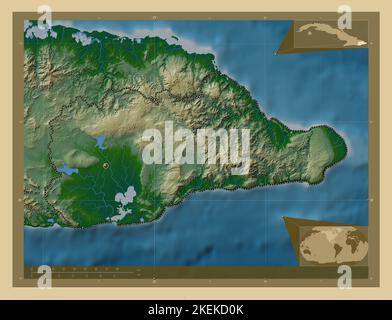 Guantanamo, province of Cuba. Colored elevation map with lakes and rivers. Corner auxiliary location maps Stock Photo