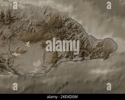 Guantanamo, province of Cuba. Elevation map colored in sepia tones with lakes and rivers Stock Photo