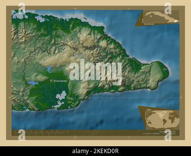 Guantanamo, province of Cuba. Colored elevation map with lakes and rivers. Locations and names of major cities of the region. Corner auxiliary locatio Stock Photo