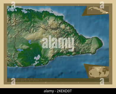 Guantanamo, province of Cuba. Colored elevation map with lakes and rivers. Locations of major cities of the region. Corner auxiliary location maps Stock Photo