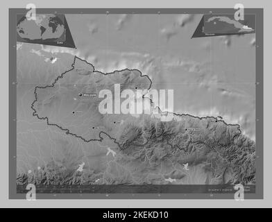 Holguin, province of Cuba. Grayscale elevation map with lakes and rivers. Locations and names of major cities of the region. Corner auxiliary location Stock Photo