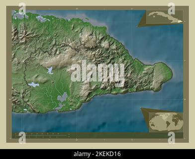 Guantanamo, province of Cuba. Elevation map colored in wiki style with lakes and rivers. Corner auxiliary location maps Stock Photo