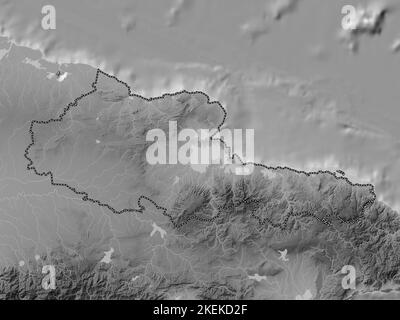 Holguin, province of Cuba. Grayscale elevation map with lakes and rivers Stock Photo