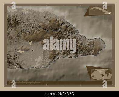 Guantanamo, province of Cuba. Elevation map colored in sepia tones with lakes and rivers. Corner auxiliary location maps Stock Photo