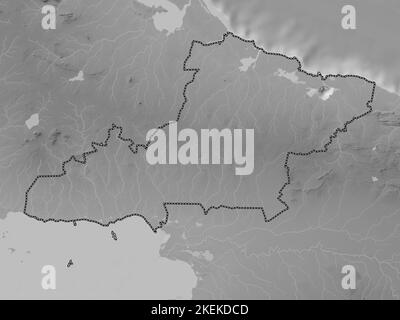 Las Tunas, province of Cuba. Grayscale elevation map with lakes and rivers Stock Photo