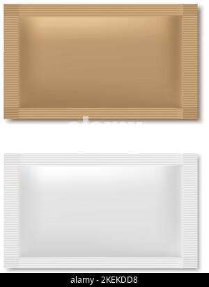realistic vector icon illustration. White and brown sugar sachet. Isolated on white background. Stock Vector