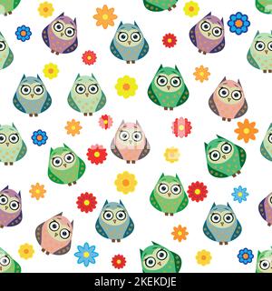 Cute multicolored owls and flowers in cartoon style, childish seamless pattern, newborn. Creative childish background for fabric, textile or wrapping Stock Vector