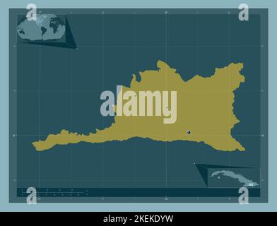 Santiago de Cuba, province of Cuba. Solid color shape. Locations of major cities of the region. Corner auxiliary location maps Stock Photo