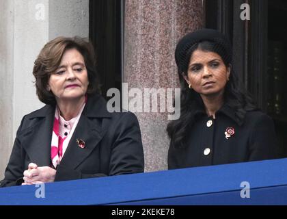 Cherie Blair (left) Akshata Murty, stand on a balcony at the Foreign, Commonwealth and Development Office (FCDO) on Whitehall, during the Remembrance Sunday service at the Cenotaph in London. Picture date: Sunday November 13, 2022. Stock Photo