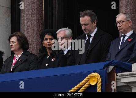 (left to right front ) Cherie Blair, Akshata Murty, Hugh O'Leary and Philip May, stand on a balcony at the Foreign, Commonwealth and Development Office (FCDO) on Whitehall, during the Remembrance Sunday service at the Cenotaph in London. Picture date: Sunday November 13, 2022. Stock Photo