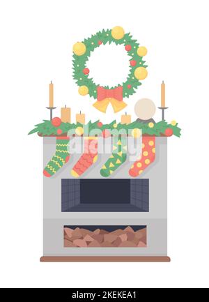 Decorating fireplace for cozy christmas night semi flat color vector object Stock Vector