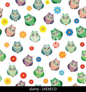 Cute multicolored owls and flowers in cartoon style, childish seamless pattern, newborn. Creative childish background for fabric, textile or wrapping Stock Vector