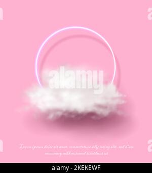 realistic vector illustration banner. Pink background with neon circle and white cloud. Stock Vector