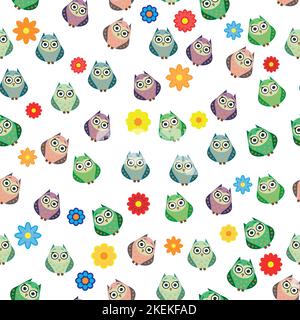 Cute multicolored owls and flowers in cartoon style, childish seamless pattern, newborn. Creative childish background for fabric, textile or wrapping Stock Vector