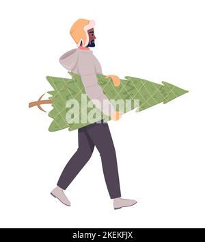 Adult man walking home with real Christmas tree semi flat color vector character Stock Vector