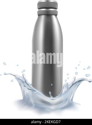 realistic vector icon set. Sport bottle. Silver plastic drinking bottle with water splash. Isolated on white background. Stock Vector