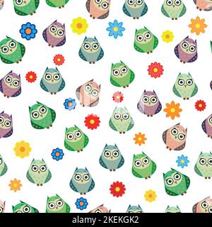 Cute multicolored owls and flowers in cartoon style, childish seamless pattern, newborn. Creative childish background for fabric, textile or wrapping Stock Vector