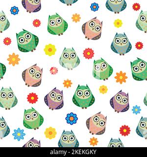 Cute multicolored owls and flowers in cartoon style, childish seamless pattern, newborn. Creative childish background for fabric, textile or wrapping Stock Vector
