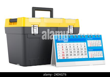 Desk calendar with tool box, 3D rendering isolated on white background ...